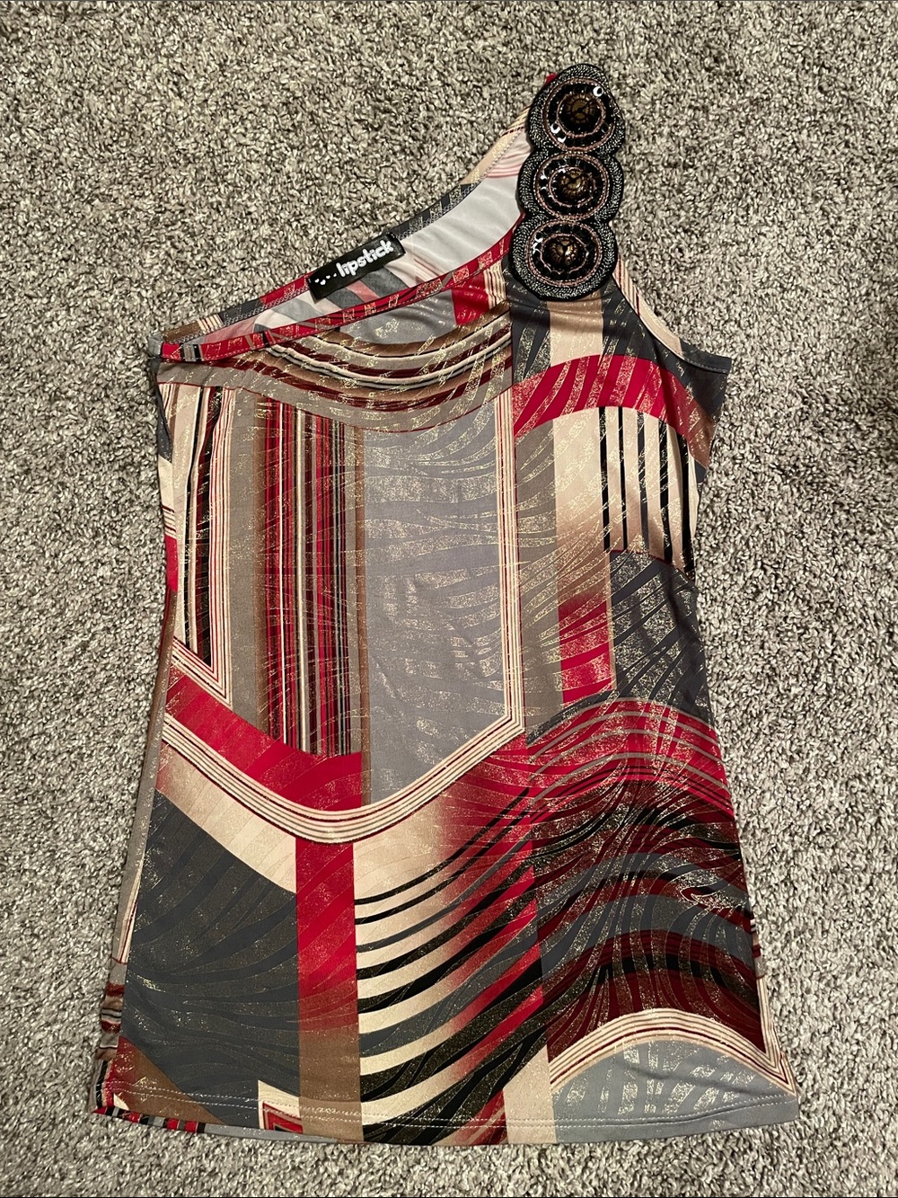 Lipstick Boutique One-Shoulder Geometric Print Dress in Red, Gold and Black